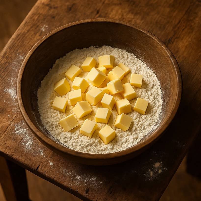 Farina e burro a pezzetti in una ciotola durante la lavorazione sabbiosa della pasta brisé o brisée