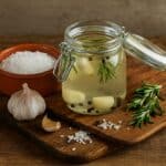 Contenitore con salamoia, sale, erbe aromatiche e aglio su tagliere rustico