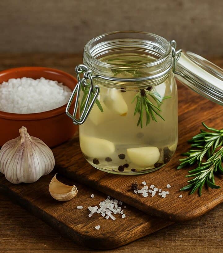 Contenitore con salamoia, sale, erbe aromatiche e aglio su tagliere rustico