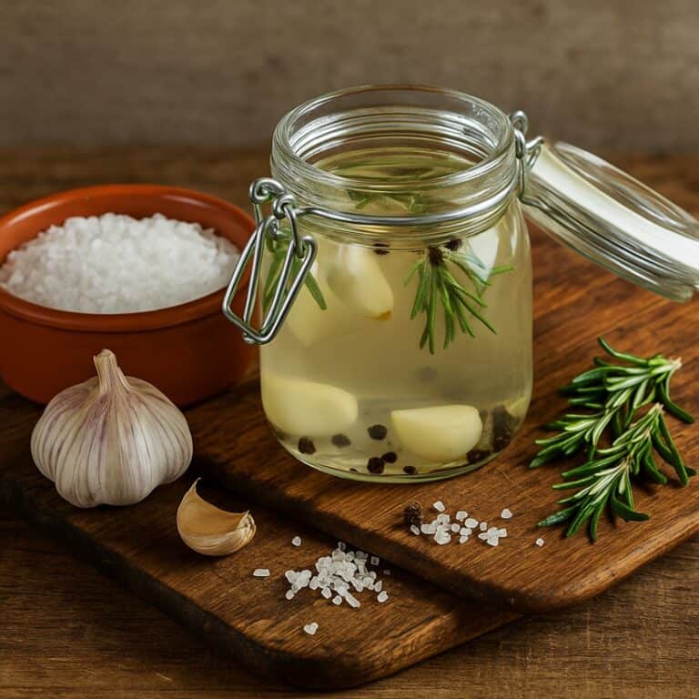 Contenitore con salamoia, sale, erbe aromatiche e aglio su tagliere rustico
