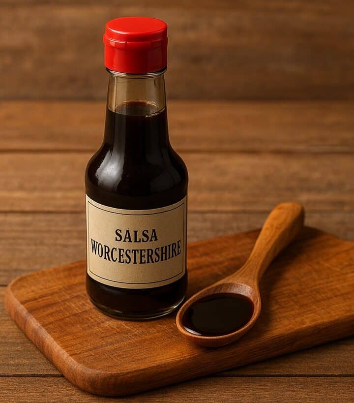 Bottiglia di salsa Worcestershire con scritta chiara su tagliere in legno