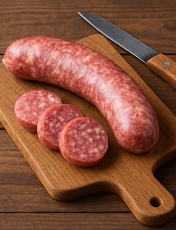 Salsiccia cruda con fette tagliate e coltello su tagliere in legno