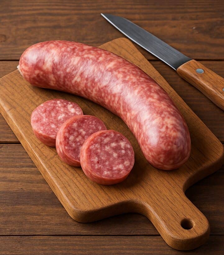 Salsiccia cruda con fette tagliate e coltello su tagliere in legno