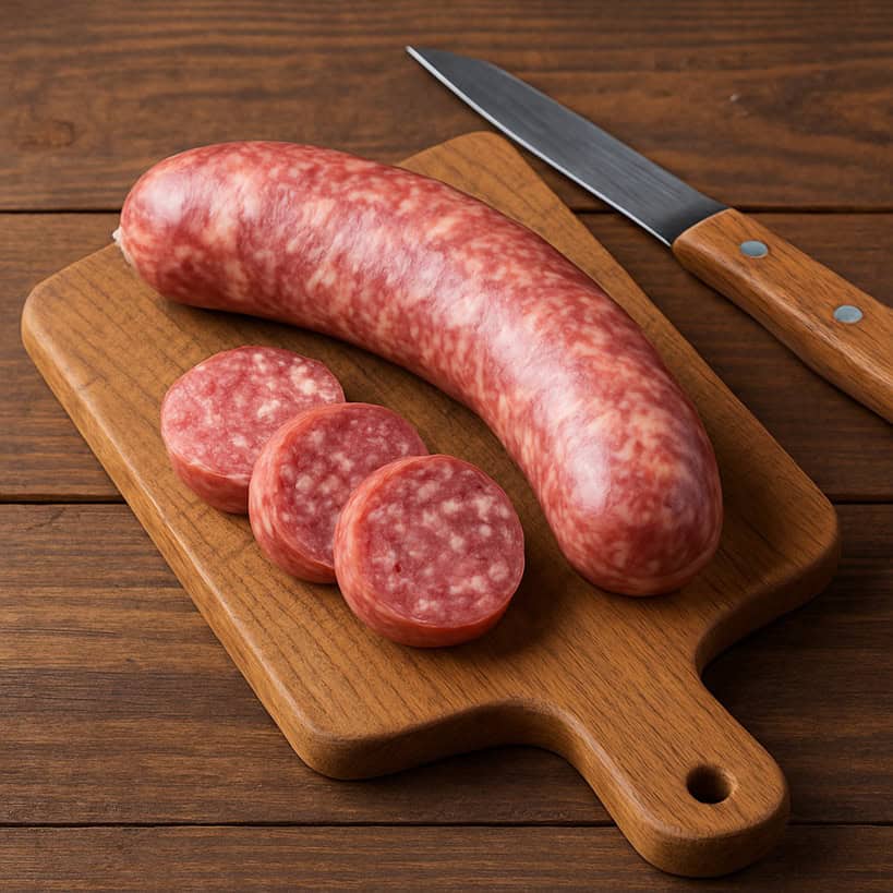 Salsiccia cruda con fette tagliate e coltello su tagliere in legno