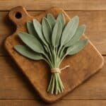 Foglie di salvia legate con spago su tagliere di legno naturale