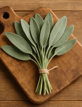 Foglie di salvia legate con spago su tagliere di legno naturale