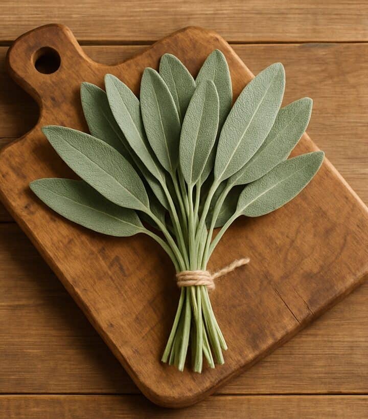 Foglie di salvia legate con spago su tagliere di legno naturale