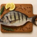 Sarago fresco intero con bande scure su tagliere di legno, decorato con limone, rosmarino, sale e pepe