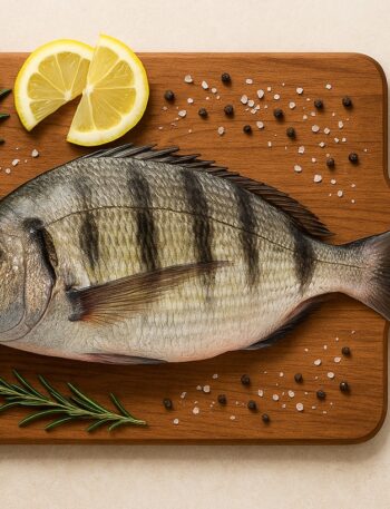 Sarago fresco intero con bande scure su tagliere di legno, decorato con limone, rosmarino, sale e pepe