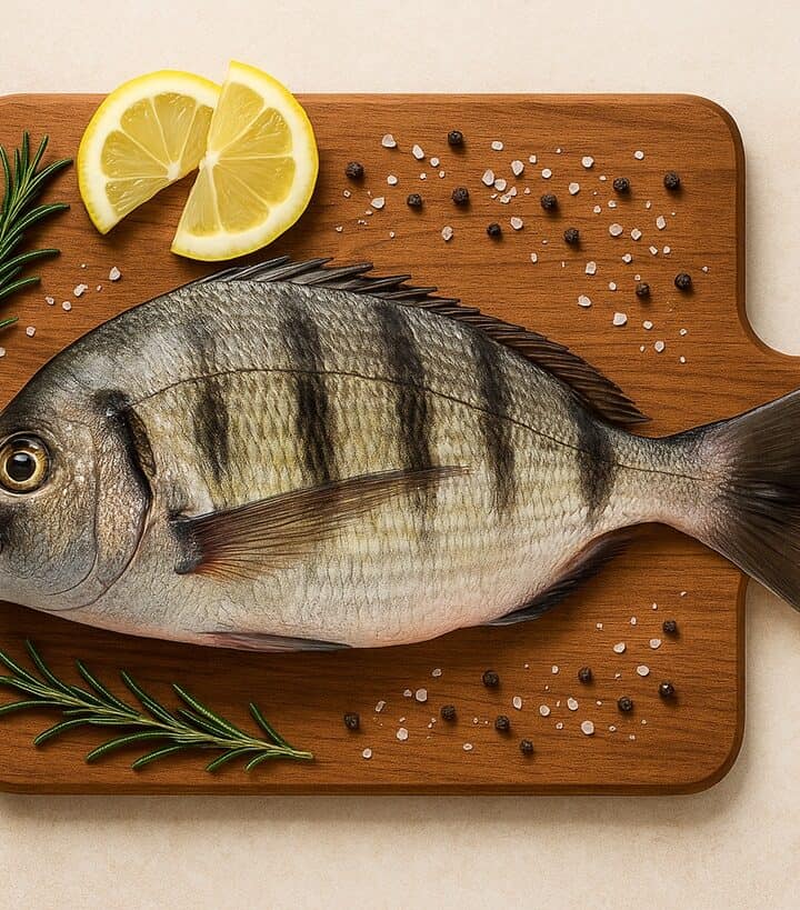 Sarago fresco intero con bande scure su tagliere di legno, decorato con limone, rosmarino, sale e pepe