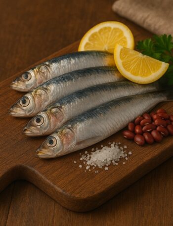 Quattro sarde crude su tagliere rustico con limone, prezzemolo e sale