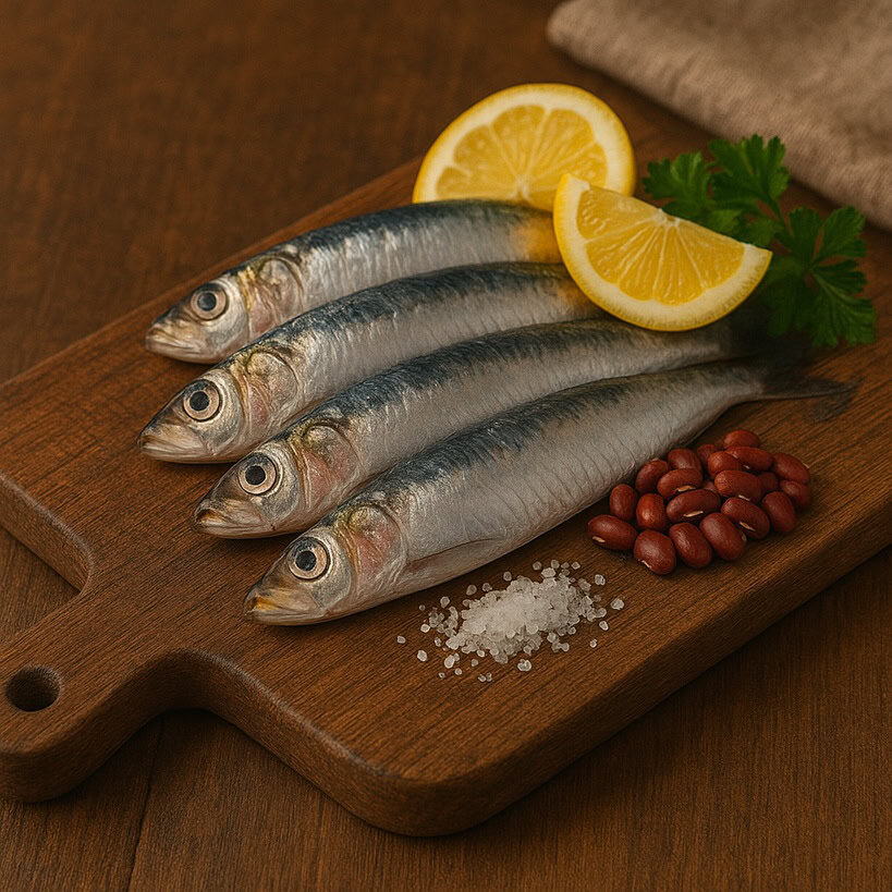 Quattro sarde crude su tagliere rustico con limone, prezzemolo e sale