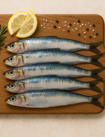 Sardine fresche intere disposte su tagliere in legno con limone, rosmarino e pepe