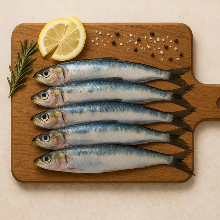 Sardine fresche intere disposte su tagliere in legno con limone, rosmarino e pepe