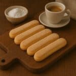 Biscotti savoiardi su tagliere rustico accanto a zucchero e tazzina di caffè