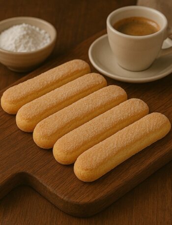 Biscotti savoiardi su tagliere rustico accanto a zucchero e tazzina di caffè