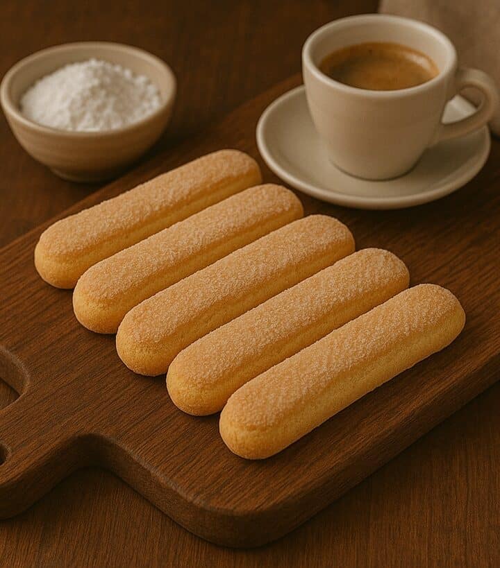 Biscotti savoiardi su tagliere rustico accanto a zucchero e tazzina di caffè