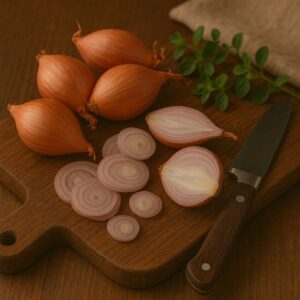 Scalogno affettati e interi su tagliere in legno con coltello