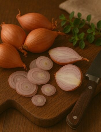 Scalogno affettati e interi su tagliere in legno con coltello