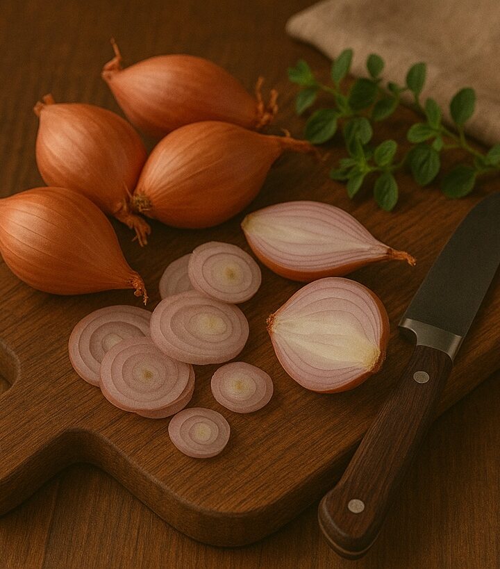 Scalogno affettati e interi su tagliere in legno con coltello