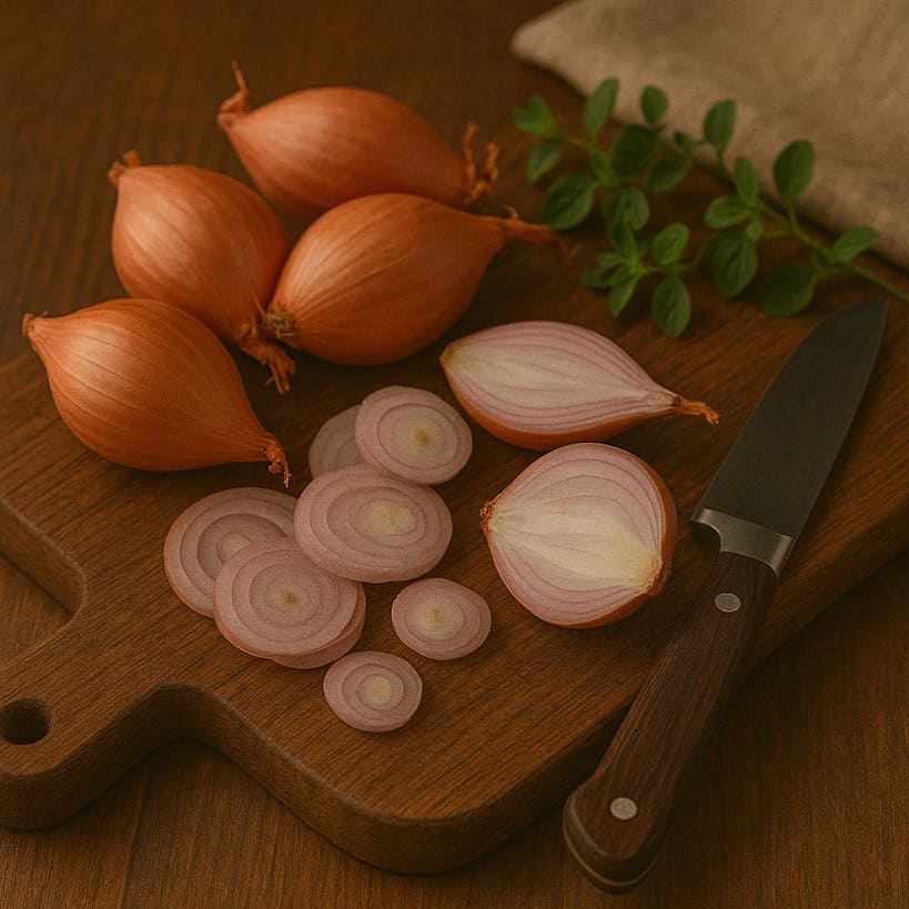 Scalogno affettati e interi su tagliere in legno con coltello