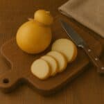 Scamorza intera e a fette su tagliere rustico in legno