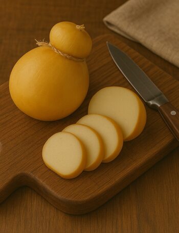 Scamorza intera e a fette su tagliere rustico in legno