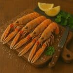 Scampi freschi su tagliere in legno con limone e prezzemolo