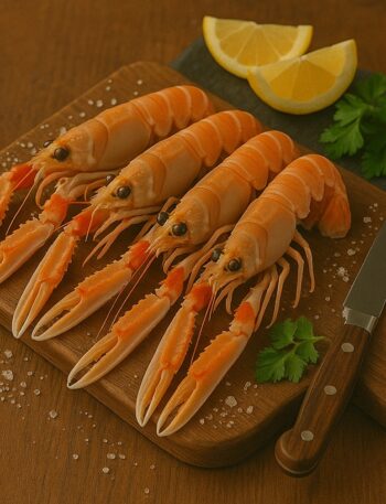 Scampi freschi su tagliere in legno con limone e prezzemolo