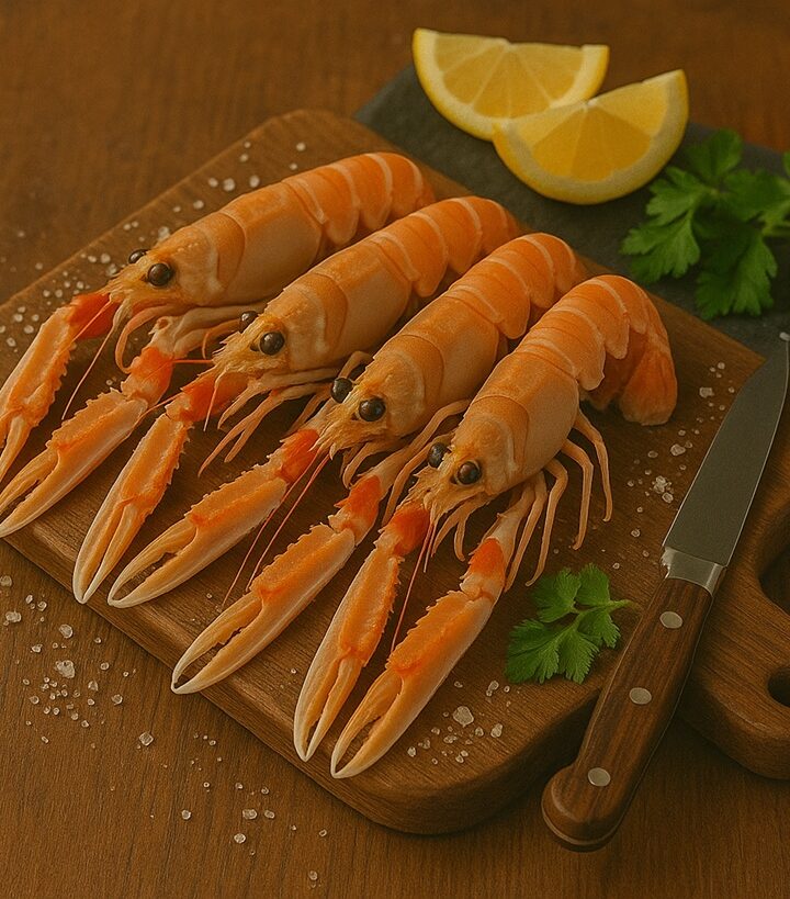 Scampi freschi su tagliere in legno con limone e prezzemolo