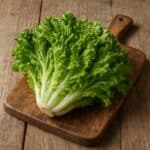 Cespo di scarola verde chiaro su tagliere in legno rustico