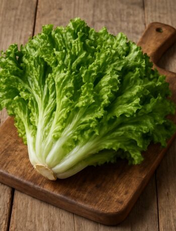Cespo di scarola verde chiaro su tagliere in legno rustico