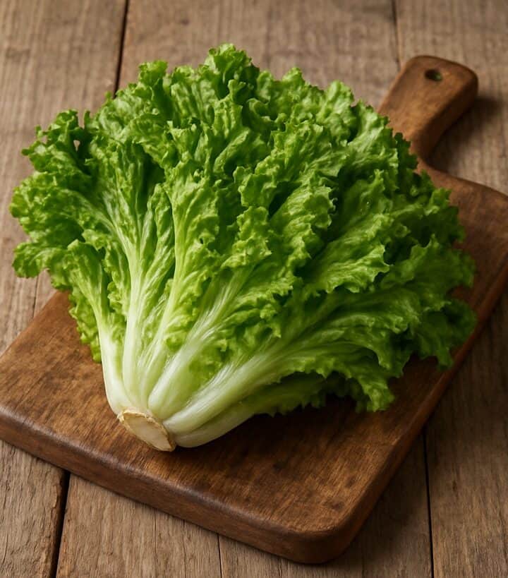 Cespo di scarola verde chiaro su tagliere in legno rustico