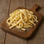 Pasta fresca scialatielli disposta su tagliere rustico in legno