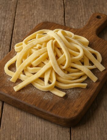 Pasta fresca scialatielli disposta su tagliere rustico in legno