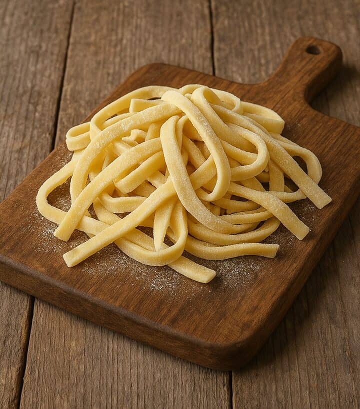 Pasta fresca scialatielli disposta su tagliere rustico in legno
