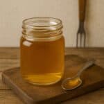 Vasetto con sciroppo d’agave dorato e cucchiaino su tagliere in legno