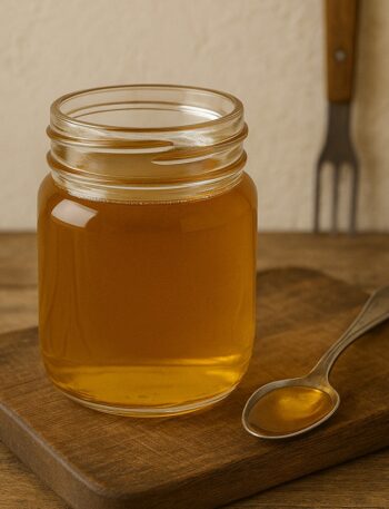 Vasetto con sciroppo d’agave dorato e cucchiaino su tagliere in legno