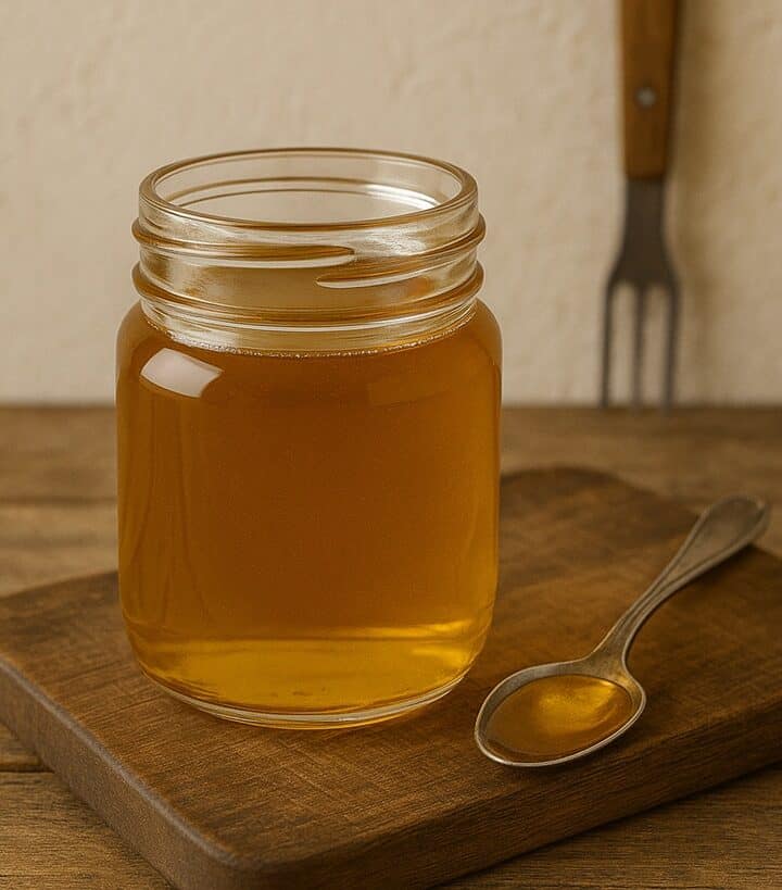 Vasetto con sciroppo d’agave dorato e cucchiaino su tagliere in legno