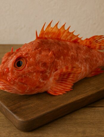 Scorfano rosso fresco su tagliere in legno rustico