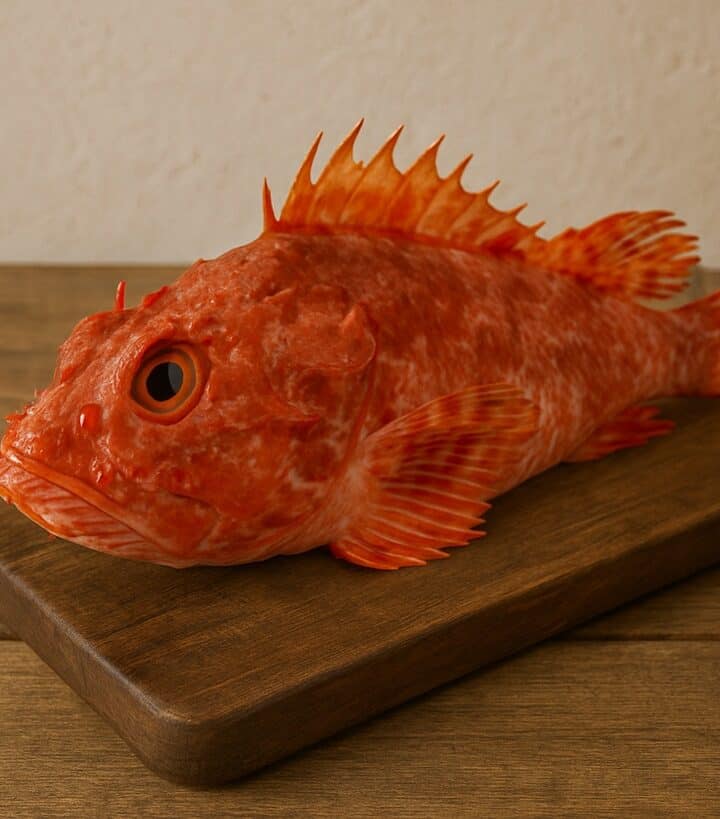 Scorfano rosso fresco su tagliere in legno rustico