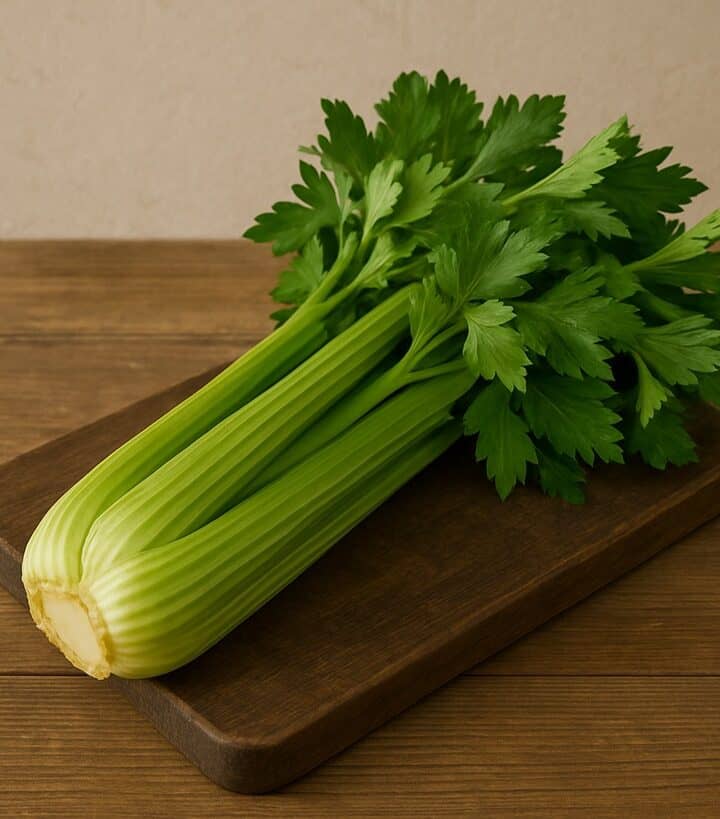 Mazzetto di sedano verde fresco con foglie su tagliere in legno