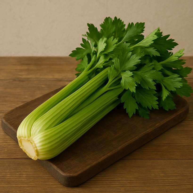 Mazzetto di sedano verde fresco con foglie su tagliere in legno
