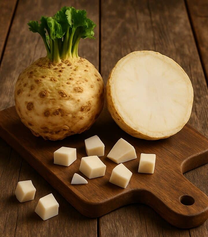 Sedano rapa intero e a metà su tagliere in legno con cubetti di polpa