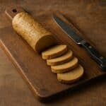 Fette di seitan su tagliere rustico con coltello da cucina
