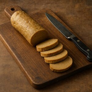 Fette di seitan su tagliere rustico con coltello da cucina