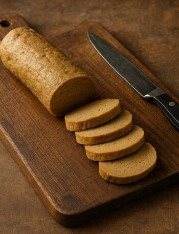 Fette di seitan su tagliere rustico con coltello da cucina