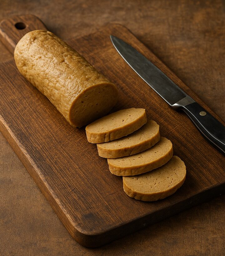Fette di seitan su tagliere rustico con coltello da cucina