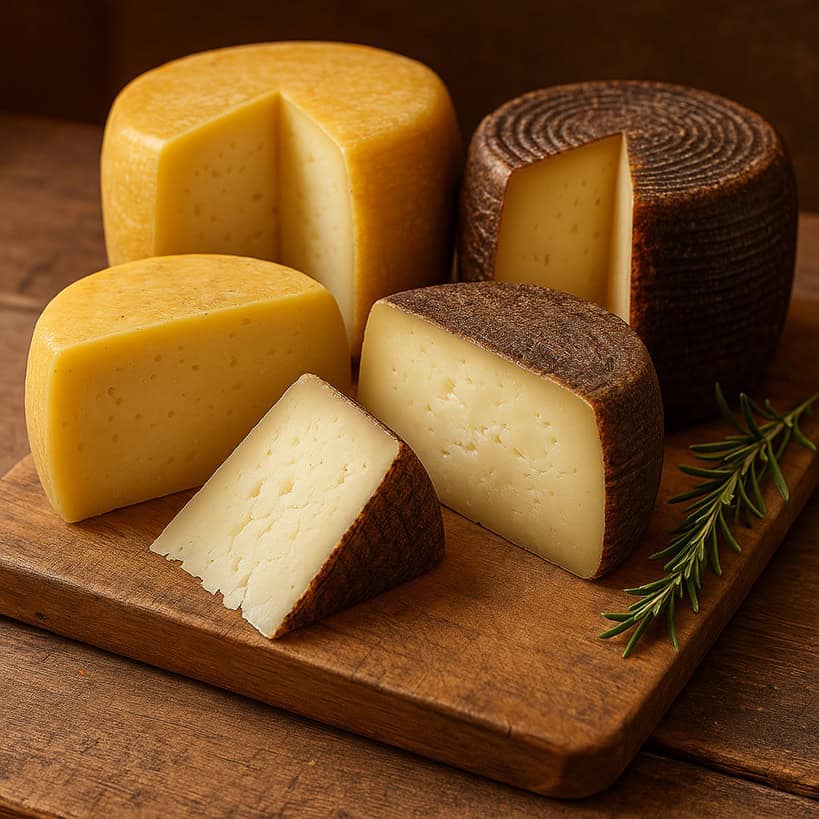 Formaggi pecorini di varie forme e croste su tagliere in legno