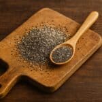 Semi di chia con cucchiaio in legno su tagliere rustico